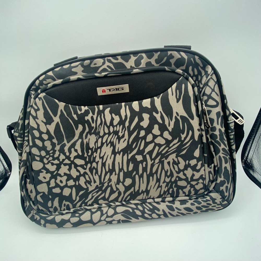 TAG Small Messenger Bag Grey Black Animal Print Canvas Crossbody